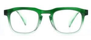 Dublin - Läsglasögon är rektangulära glasögon med en genomskinlig grön båge som tonar över till klar nedtill. De matchande gröna bågarna fulländar looken, allt mot en vit bakgrund.