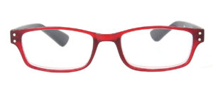 Ett par rektangulära glasögon med röda bågar och klara linser. Skalmarna är svarta och det finns små silverfärgade accenter nära gångjärnet på vardera sidan av bågarna.
