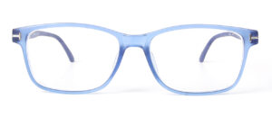 Edmonton - Minusglasögon är rektangulära glasögon med ljusblå genomskinliga plastbågar som visas framåtvända mot en vit bakgrund.