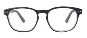 New York - Progressiva är ett par svarta rektangulära glasögon med klara linser och metallnitar i bågarnas övre hörn.