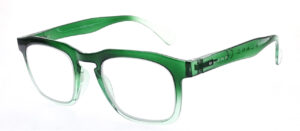 Dublin - Läsglasögon är rektangulära läsglasögon med en halvgenomskinlig plastbåge i grönt, som skiftar från mörkt till ljust. De klara glasen och den märkta vänstra skalmen ger stil och distinkthet.
