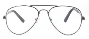 Oxford - Läsglasögon är aviatorglasögon med tunna silverfärgade metallbågar, klara glas, dubbelbrygga och svarta skalmspetsar, mot en vit bakgrund.