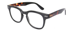 Monaco - Läsglasögon är svarta glasögon med fyrkantiga glas och sköldpaddsmönstrade skalmar, som visas snett mot en vit bakgrund.