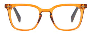 Imola - Läsglasögon: Rektangulära glasögon med transparent orange båge och svart-orange randiga skalmar, visade framifrån mot vit bakgrund.