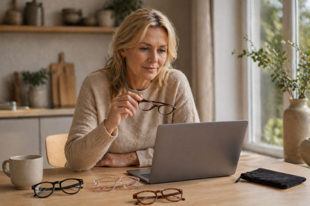 En kvinna med blont hår sitter vid ett träbord med billiga läsglasögon i handen och tittar på en bärbar dator. Ytterligare tre par glasögon, en mugg och en påse ligger också på bordet. I bakgrunden syns hyllor och krukväxter.