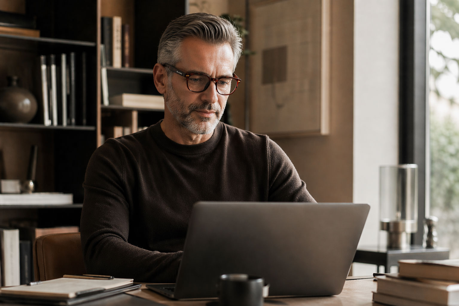 En man med grått hår och glasögon sitter vid ett skrivbord och arbetar på en bärbar dator i ett modernt kontor, med hyllor och böcker i bakgrunden.
