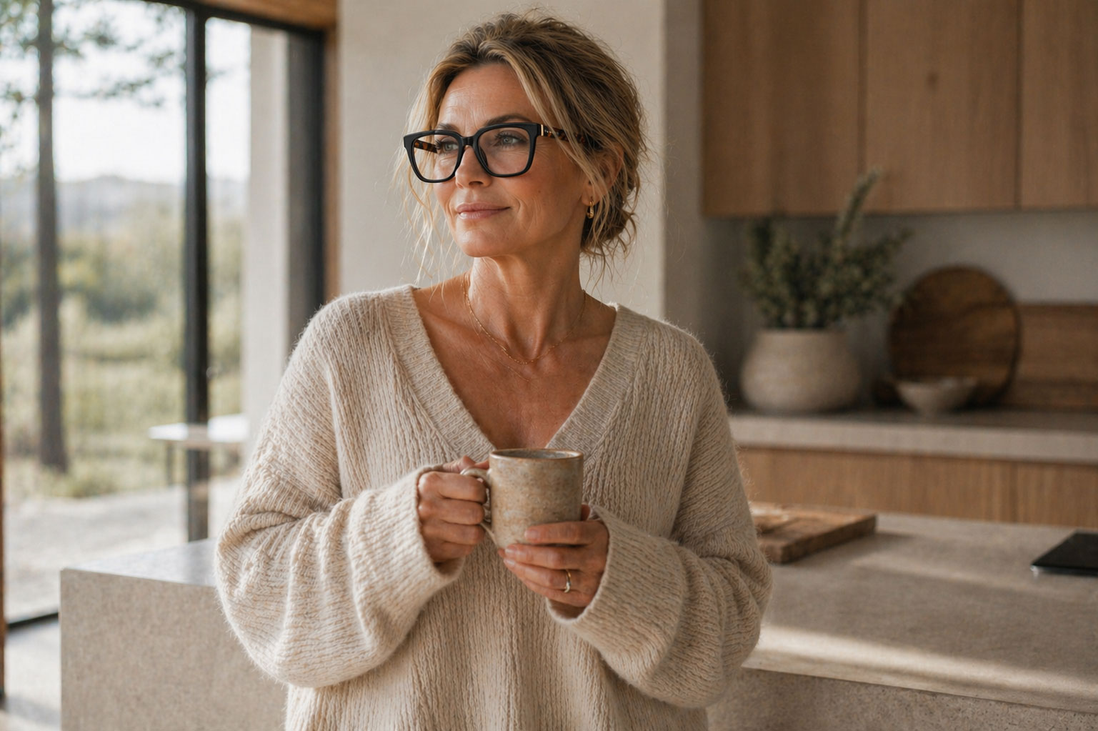 En kvinna med glasögon och blont hår står i ett ljust kök och håller i en keramikmugg. Hon bär en ljus, mysig tröja och tittar ut ur bild med ett avslappnat uttryck.