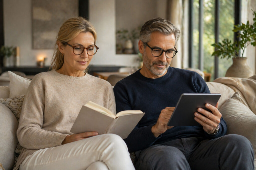 En kvinna sitter i en soffa och läser en bok medan en man bredvid henne tittar på en surfplatta. Båda bär läsglasögon och vardagskläder, och de sitter i ett väl upplyst vardagsrum med växter och neutral inredning.