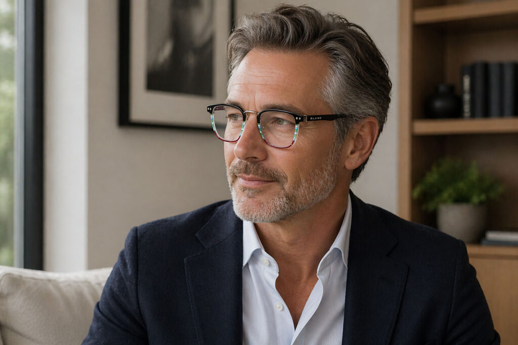 En medelålders man med grått hår och skägg, klädd i läsglasögon för herrar, vit skjorta och mörk kavaj, sitter inomhus vid ett fönster. Hyllor och inramad konst syns i bakgrunden.