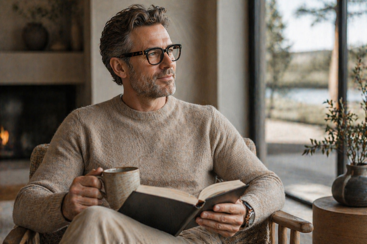 En mörkhårig man med glasögon sitter inomhus i en beige tröja med en uppslagen bok i ena handen och en mugg i den andra. Han tittar eftertänksamt ut genom ett fönster i närheten; en öppen spis och växter syns i bakgrunden.