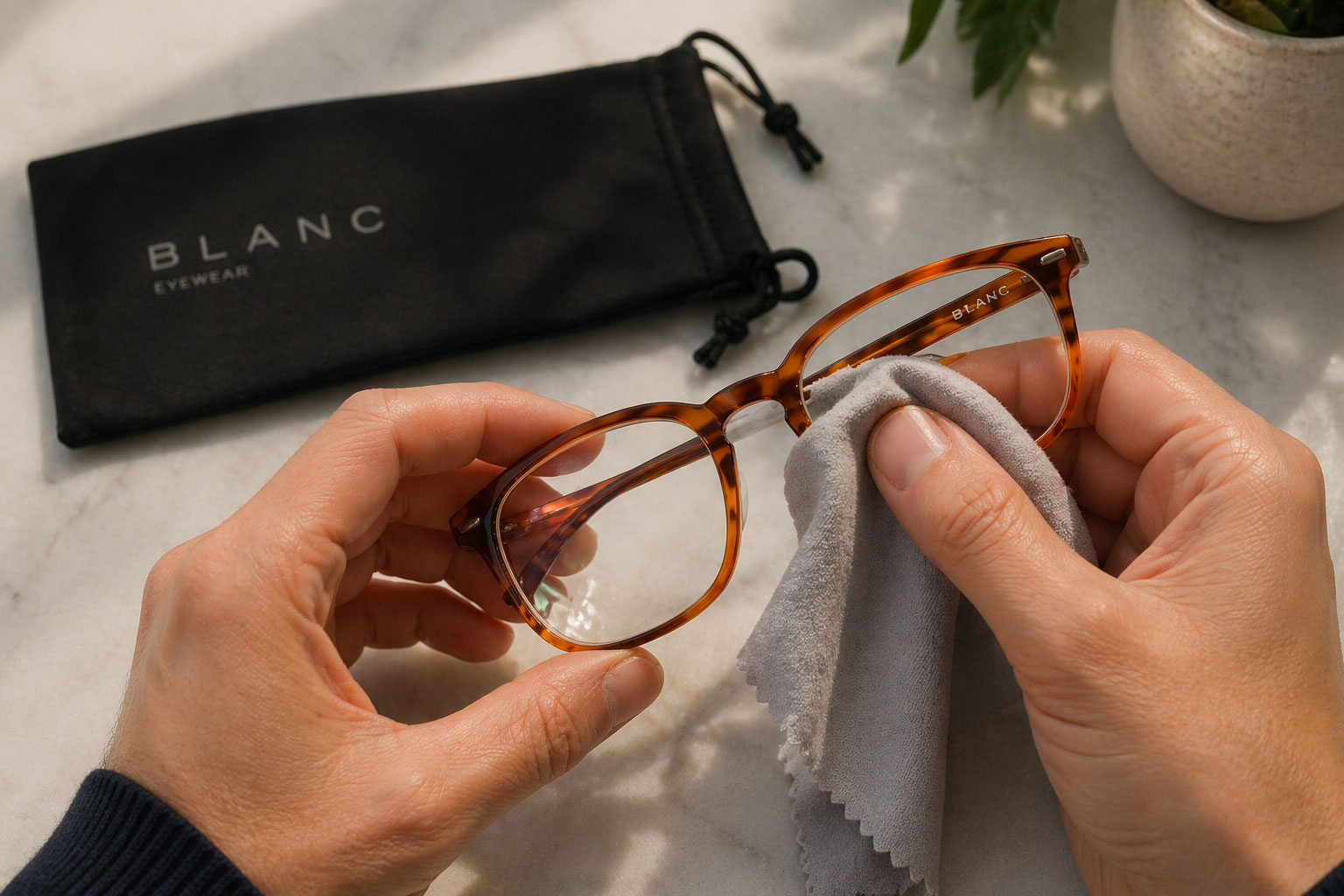 En person rengör ett par läsglasögon med en grå mikrofiberduk. En svart glasögonpåse av märket BLANC och en liten krukväxt ligger på en marmoryta i närheten.