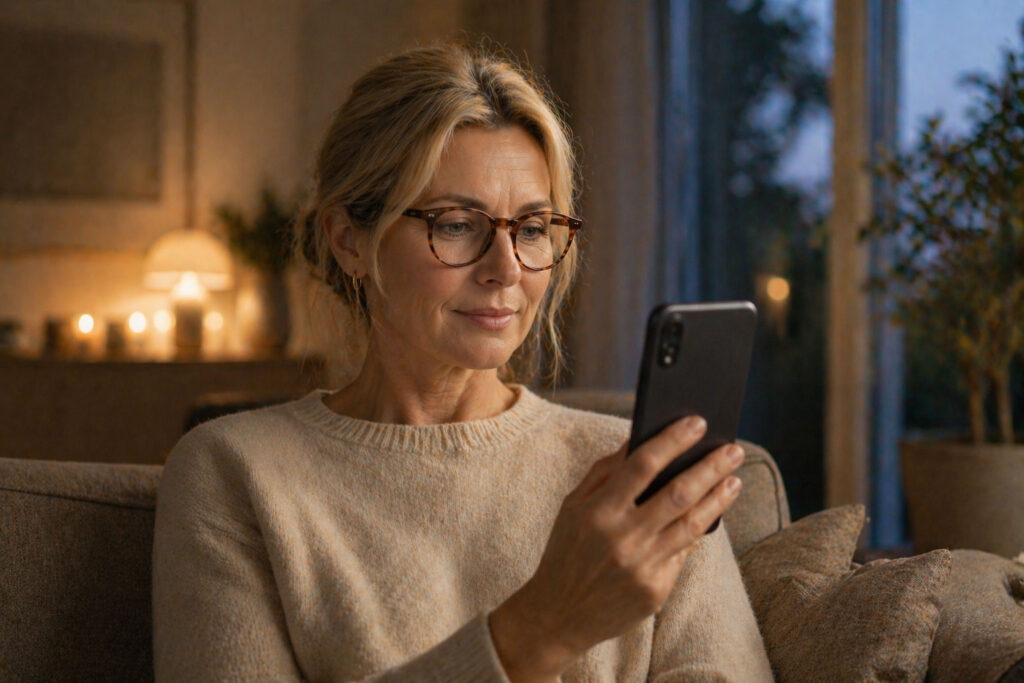 En kvinna med blont hår och läsglasögon sitter i en soffa inomhus och tittar på en smartphone. Hon har på sig en beige tröja och verkar lugn. Bakgrunden är mjukt upplyst med stearinljus och synliga växter.