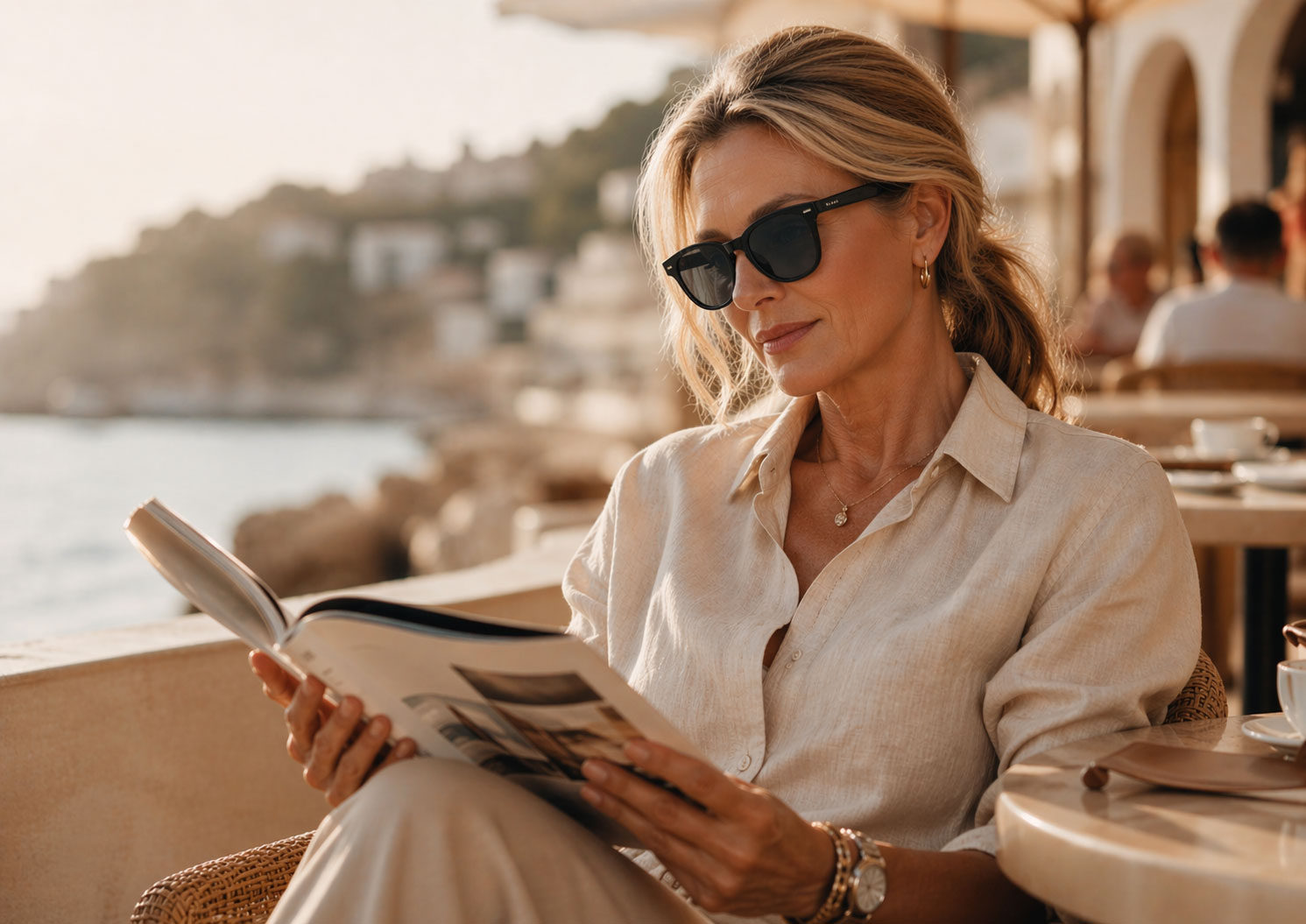 En kvinna med solglasögon och beige skjorta sitter på ett utomhuscafé vid vattnet och läser en tidning. Andra människor sitter vid bord i bakgrunden och solljuset lyser upp scenen.