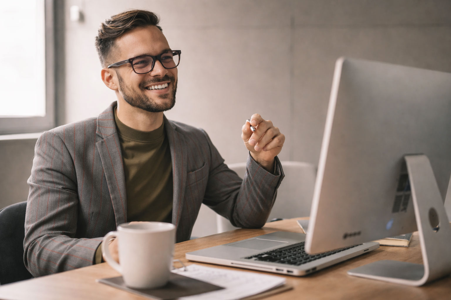 En man med glasögon och randig kavaj sitter vid ett skrivbord med en dator och ler. På skrivbordet finns en kopp, ett anteckningsblock och en penna. Miljön ser ut att vara ett modernt kontor.