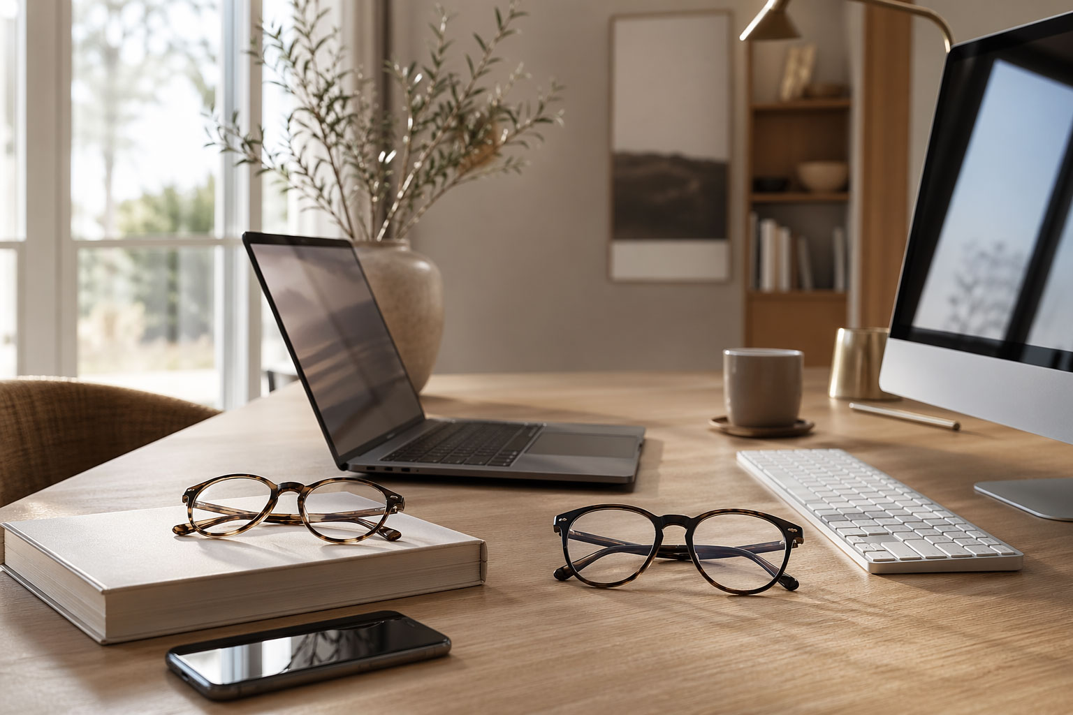 Ett träskrivbord med en bärbar dator, en stationär dator, ett tangentbord, en bok, en smartphone, två par glasögon, en mugg och en vas med grönska. Solljuset flödar in genom stora fönster i bakgrunden.