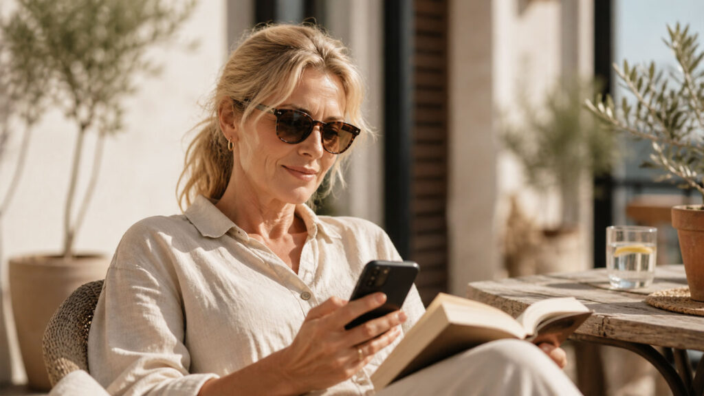 En kvinna med lässolglasögon och ljus skjorta sitter utomhus med en smartphone i ena handen och en uppslagen bok i den andra. Bredvid henne står ett bord med ett glas vatten och en krukväxt.